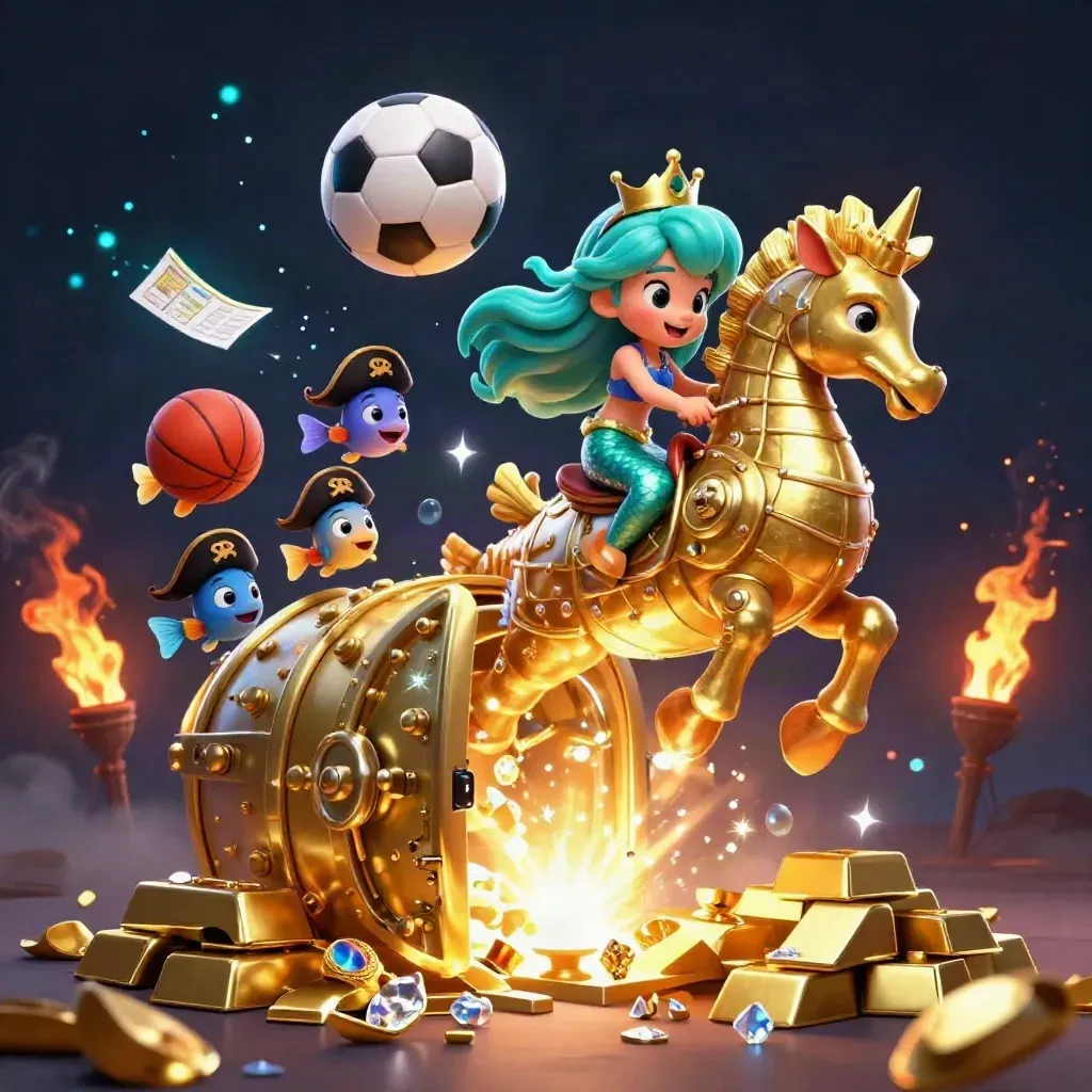 Mermaid princess on golden seahorse amid treasure, fish, and casino sports props in dark neon light