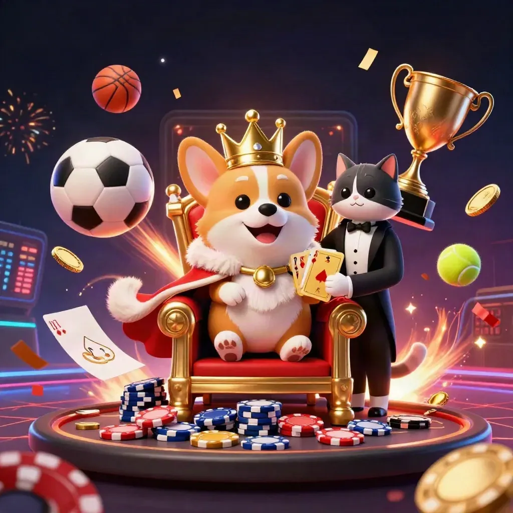 Royal corgi and cat butler amid flying sports balls, chips, coins, fireworks, and neon casino lights.