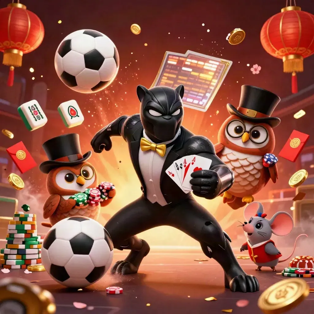 Panther, owl, and mouse amid flying sports gear, chips, lanterns, and arena lights.