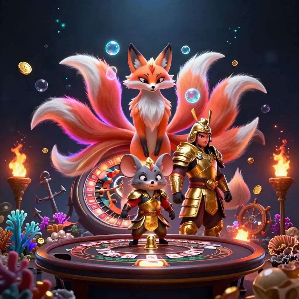 Neon fox spirit and samurai mouse in a jewel-lit casino cove with cards, coins, and sparks