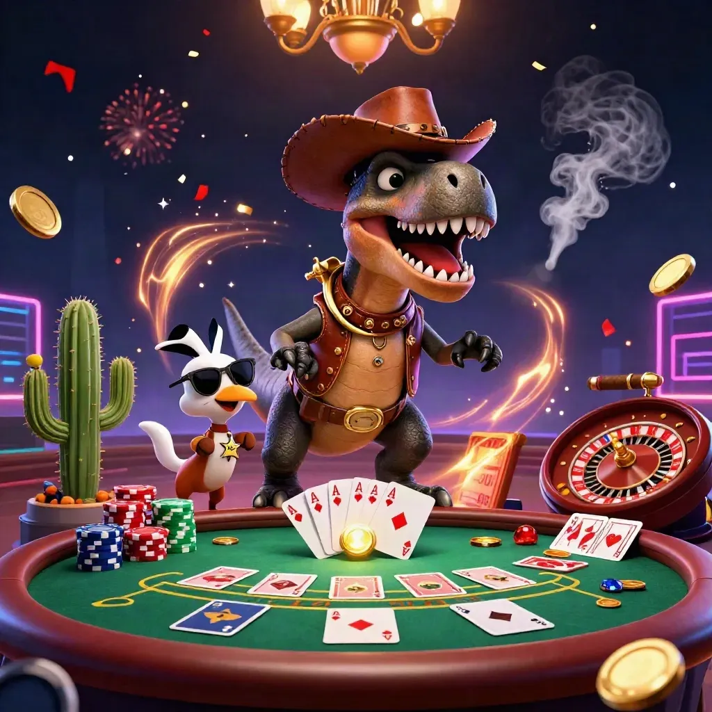 Cowboy T-Rex, cactus, and roadrunner amid spinning roulette and casino glamour.