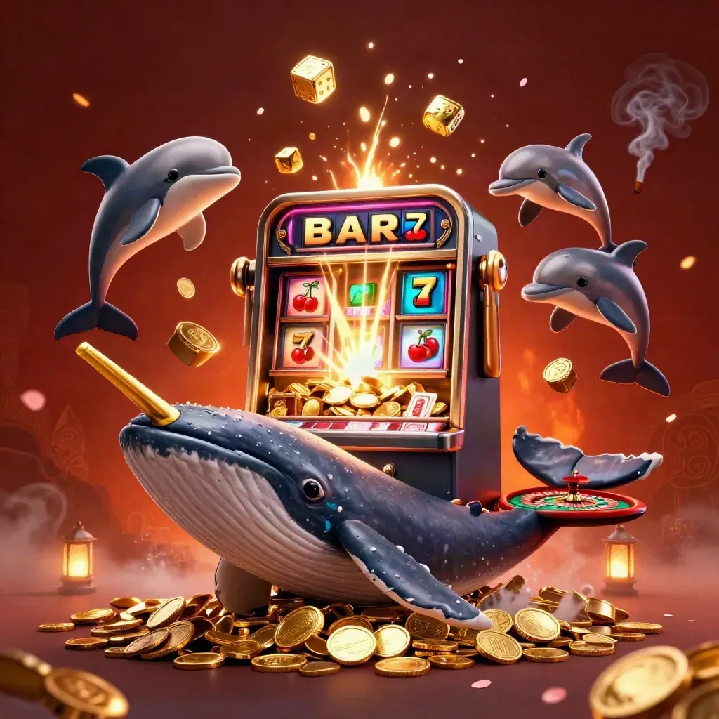 Cartoon whale, narwhal and dolphins amid casino symbols, coins and a glowing slot machine.
