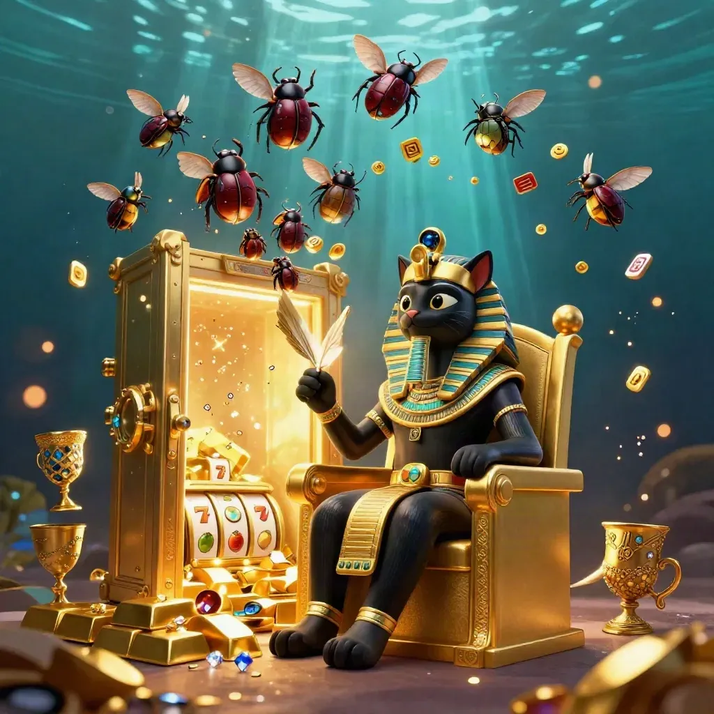 Pharaoh cat, ibis scribe, and gem-winged scarabs burst from a golden vault in a teal underwater glow.