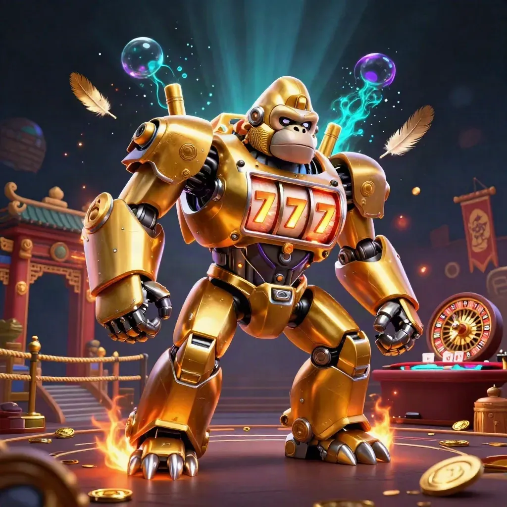 Golden gorilla mech with tiny pilot amid casino relics, temple gate, glow, and spinning roulette.