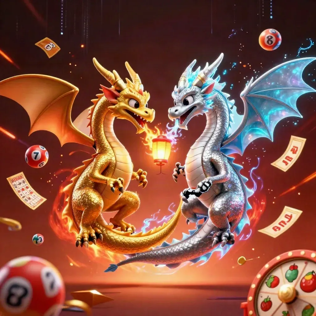 Twin gold and silver dragons form a fiery icy yin-yang with casino bursts in dark neon glow.