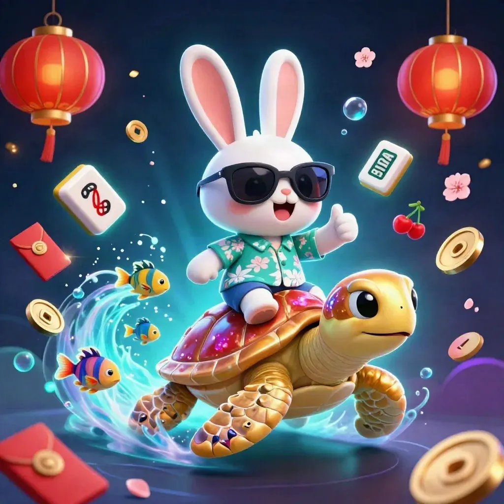 A lucky rabbit rides a golden sea turtle through glowing casino treasure and neon underwater magic.