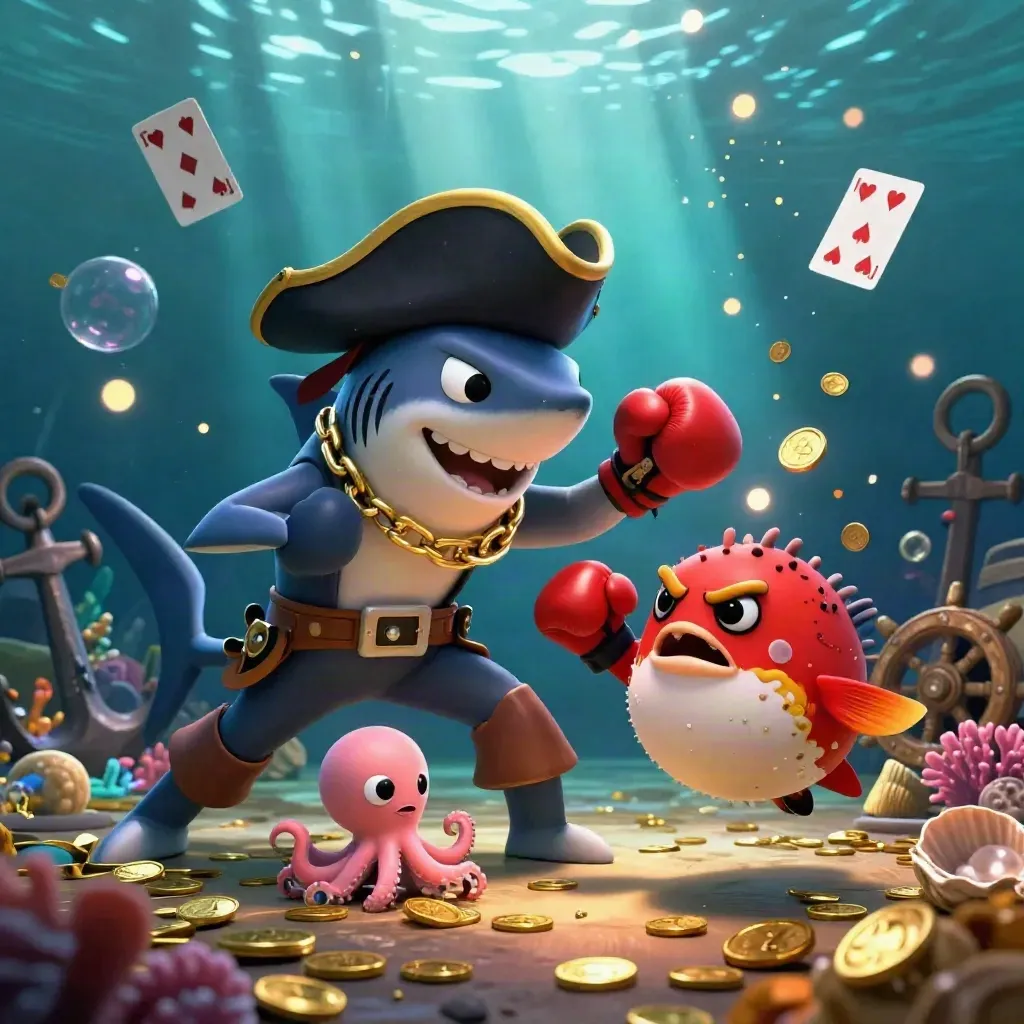 Shark pirate, boxing pufferfish, and juggling octopus in a glowing sunken treasure cove.
