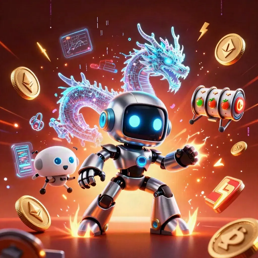 Cyberpunk robot, AI dragon, and coin drone burst through neon casino loot and energy.