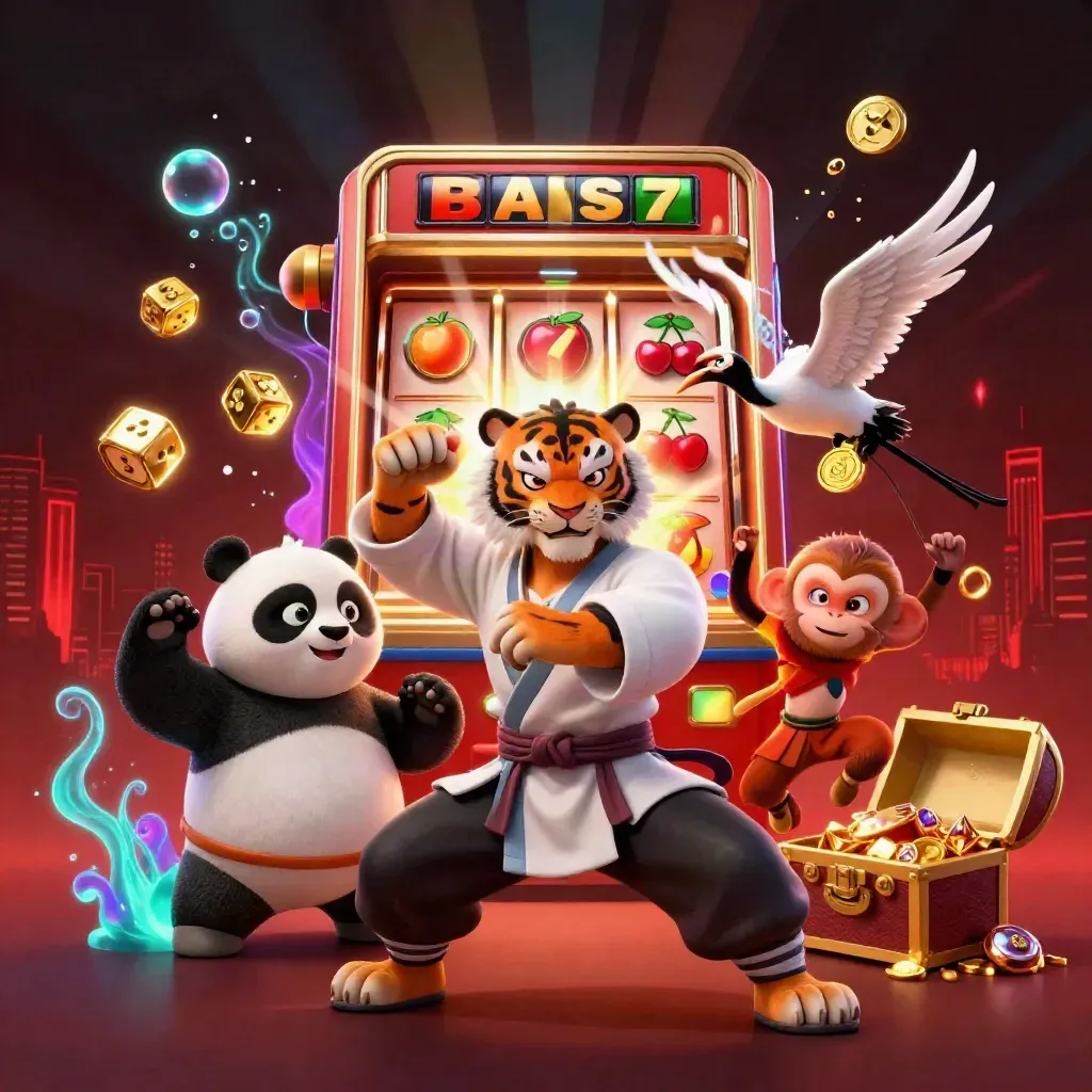 Kung-fu tiger, panda, and monkey amid exploding slot treasure in neon casino glow.