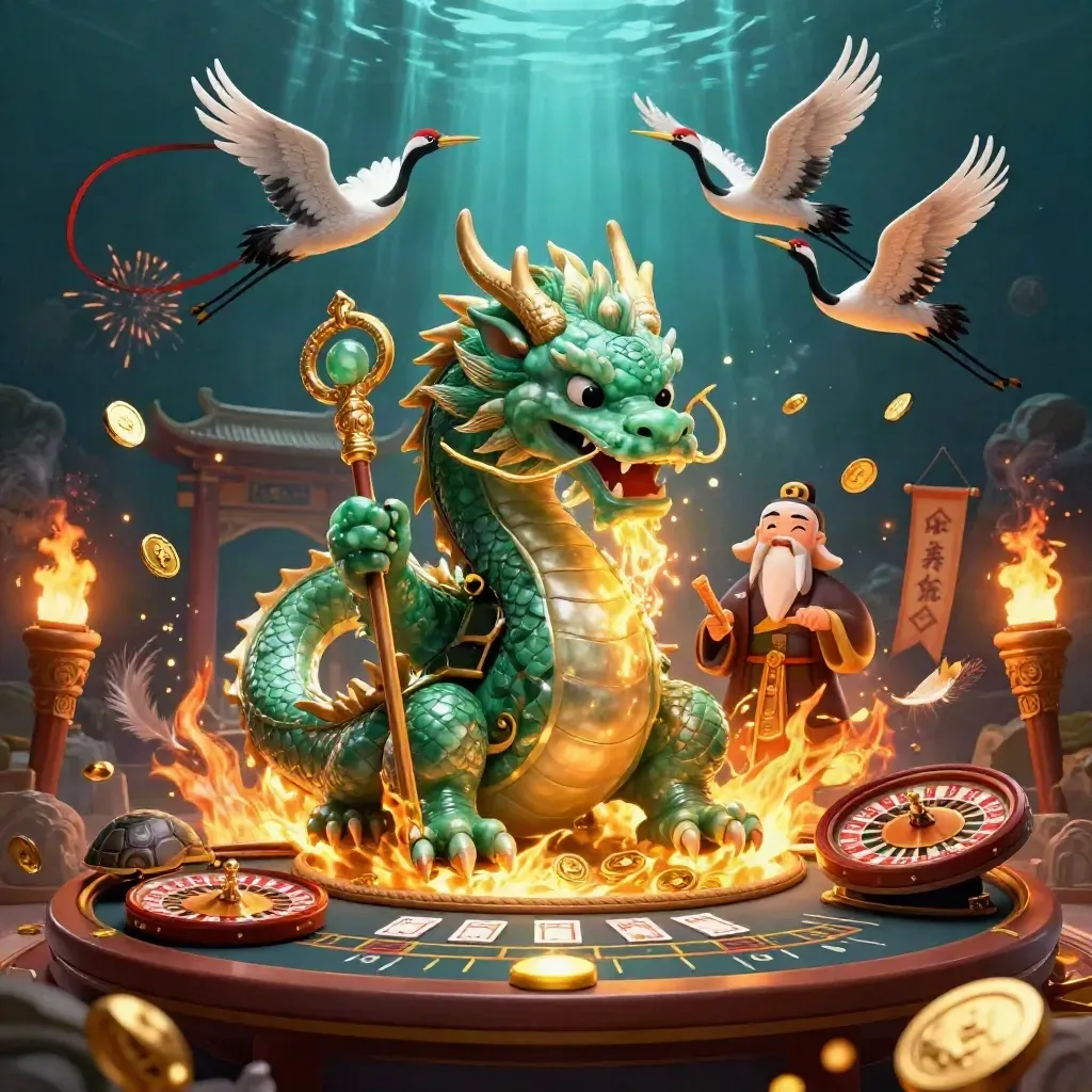 Jade dragon, turtle sage, and cranes amid casino treasures, fire, coins, and a temple gate.
