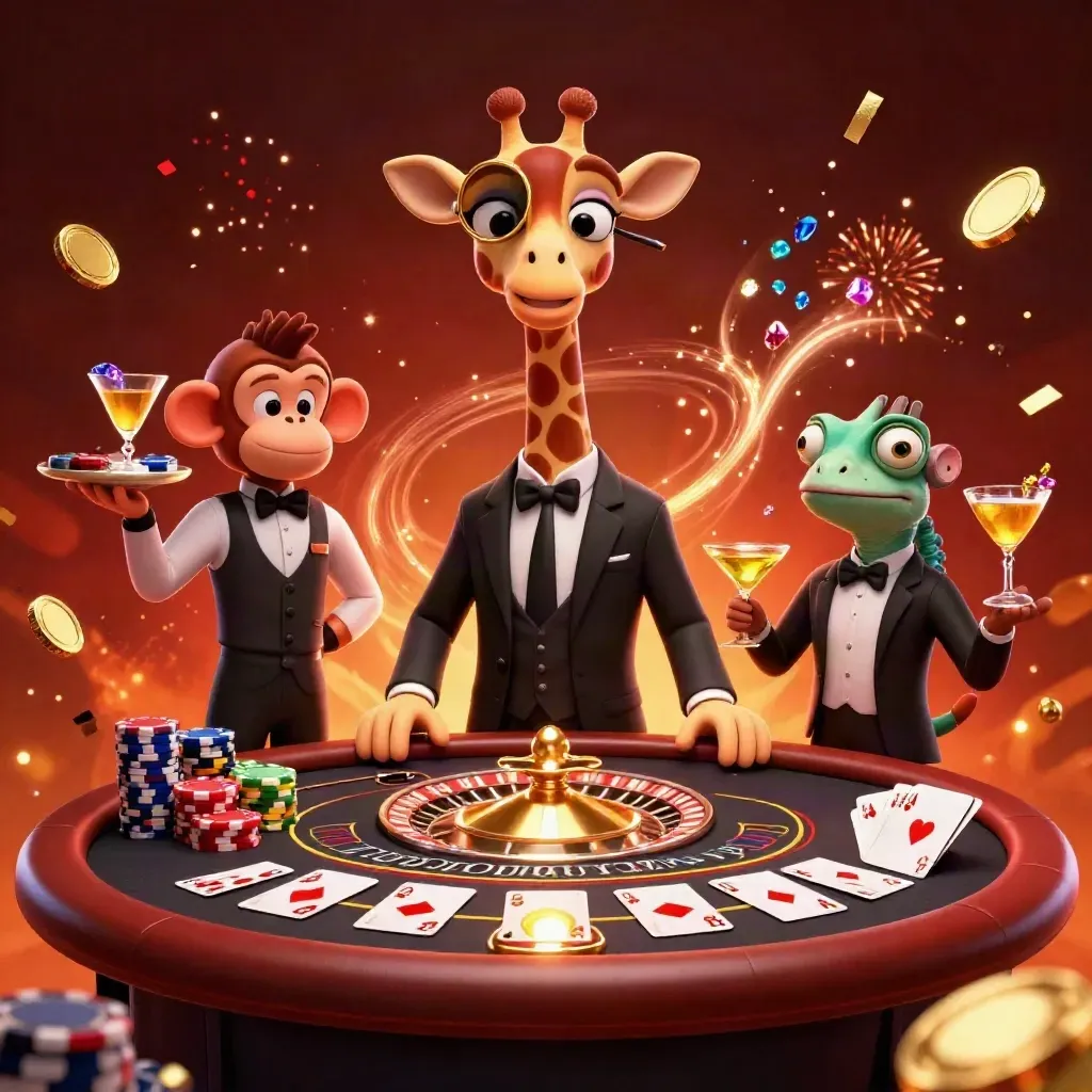 Giraffe, monkey, and chameleon at a VIP casino table amid coins, chips, fireworks, and glowing cards