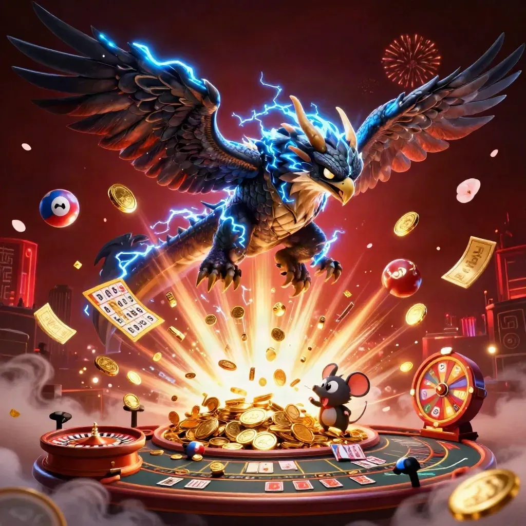 Dragon, hawk, and thunder-mouse erupt from a vault of coins in a dark red casino splash.