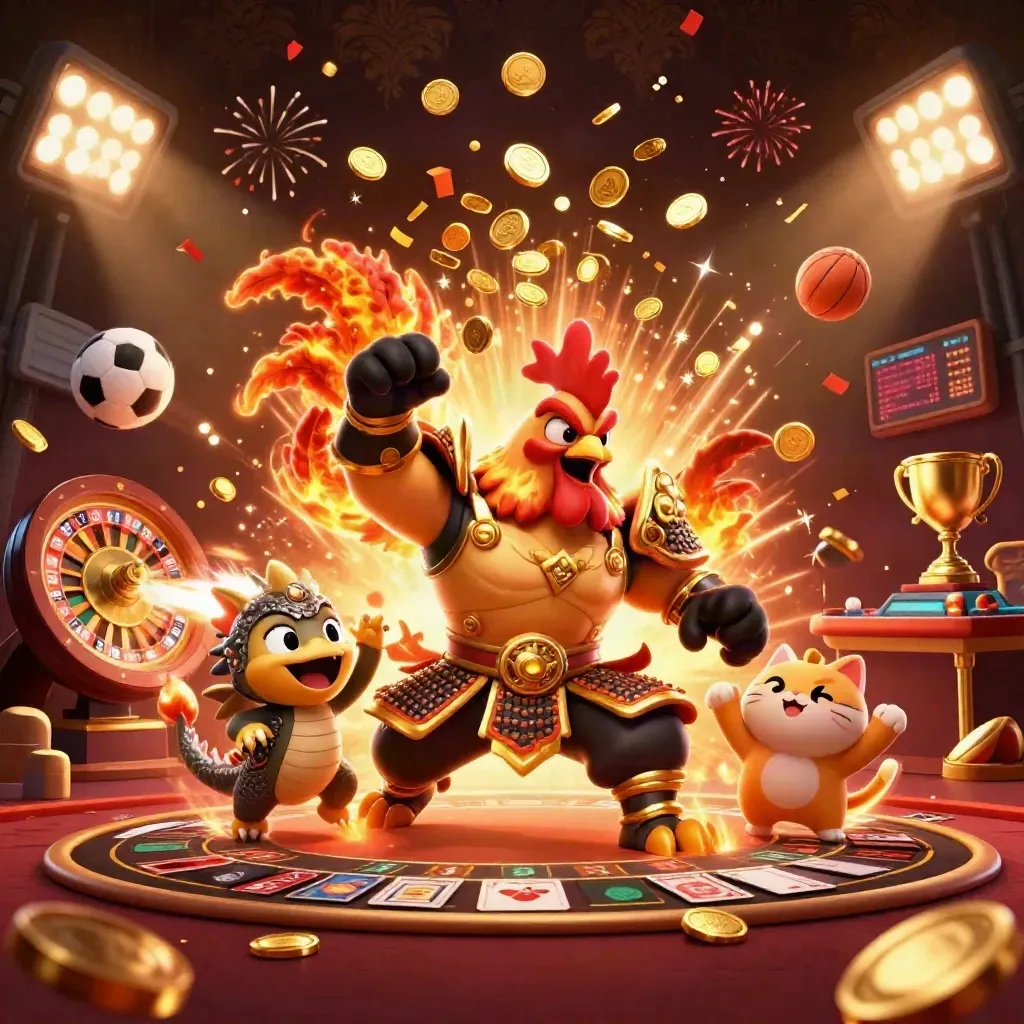 Rooster warrior, dragon hatchling and fortune-cat amid bursting coins, fireworks and casino props.