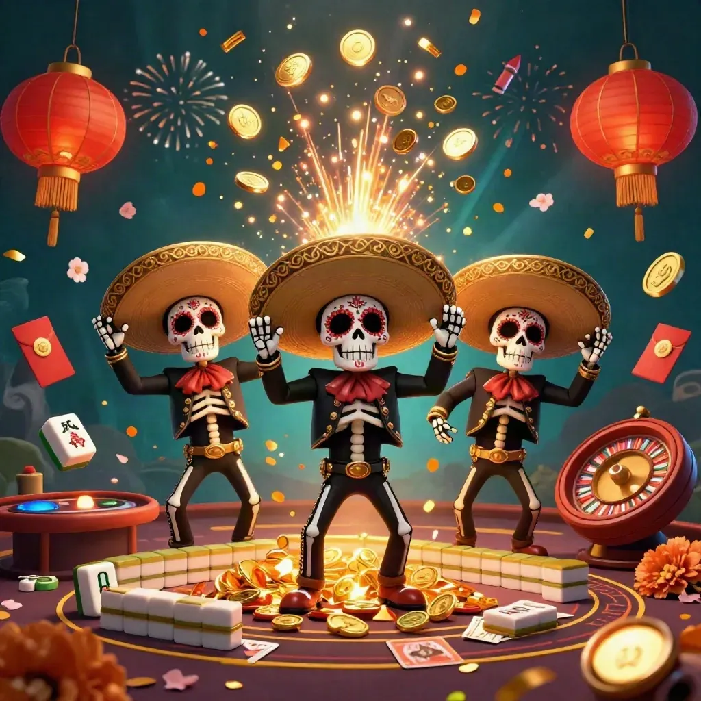 Skeleton mariachi trio amid casino coins, lanterns, fireworks, and a roulette wheel