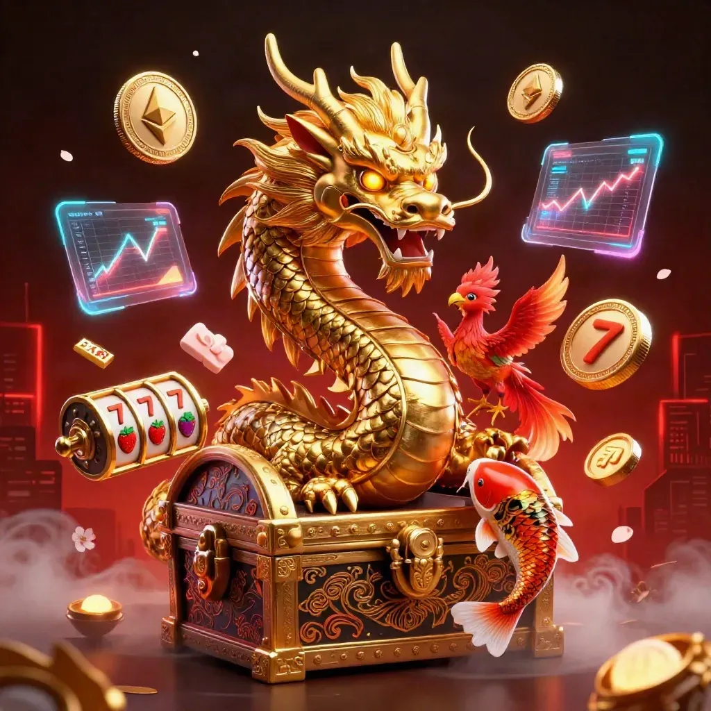 Golden dragon, red phoenix and koi amid casino coins, reels, lightning and red-black neon glow.