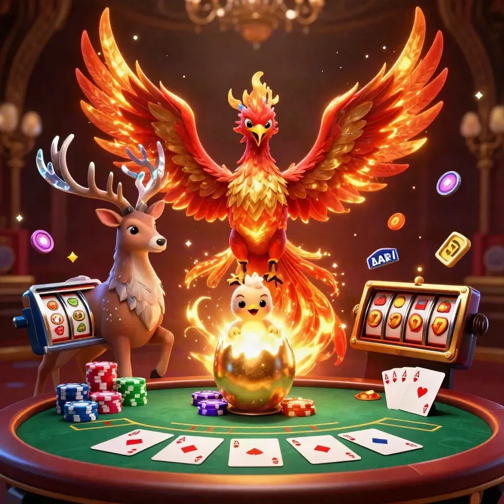 Fire phoenix, stag, and hatchling amid casino chips, cards, reels, and gilded bokeh