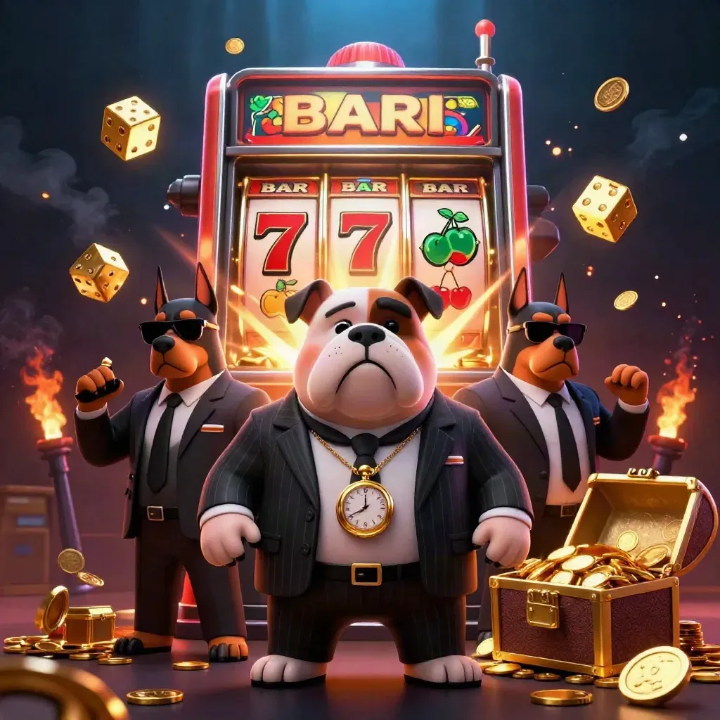 Bulldog crime boss with two Dobermans amid jackpot slot chaos and gold in a dark casino splash.