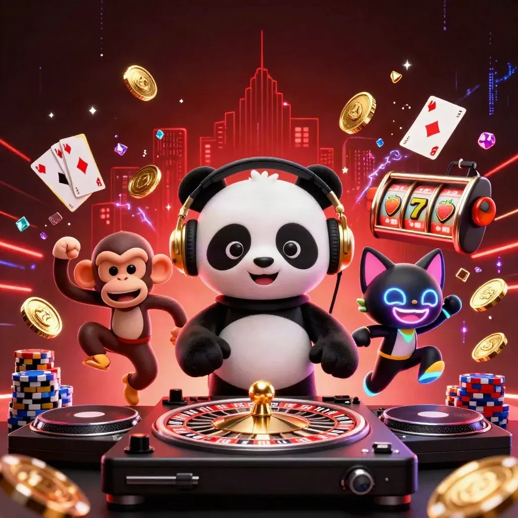 Panda DJ, dancing monkey, and rave kitten amid casino coins, chips, and roulette glow