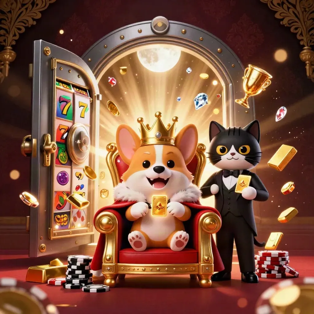 Royal corgi and cat butler on chip throne with vault burst, gold loot, and casino symbols.