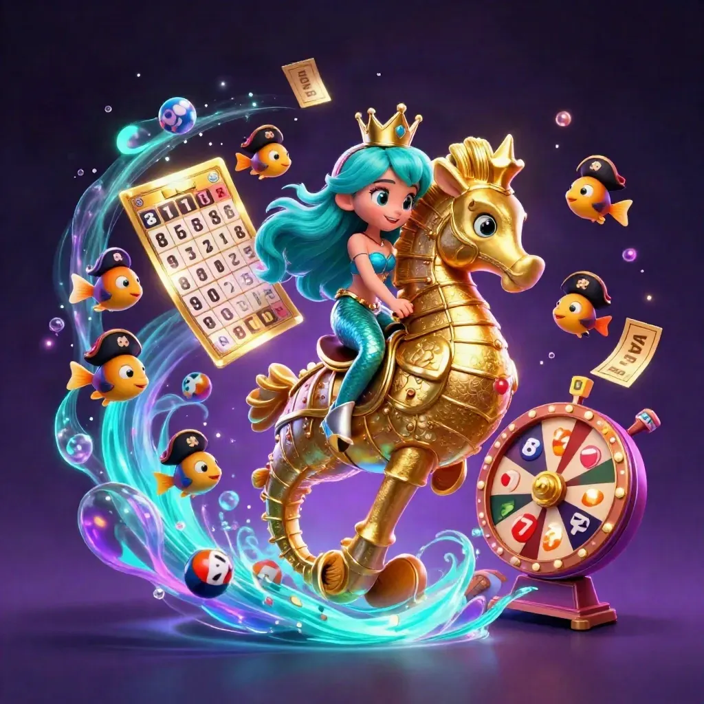 Mermaid princess riding an armored seahorse amid casino symbols and glowing underwater magic