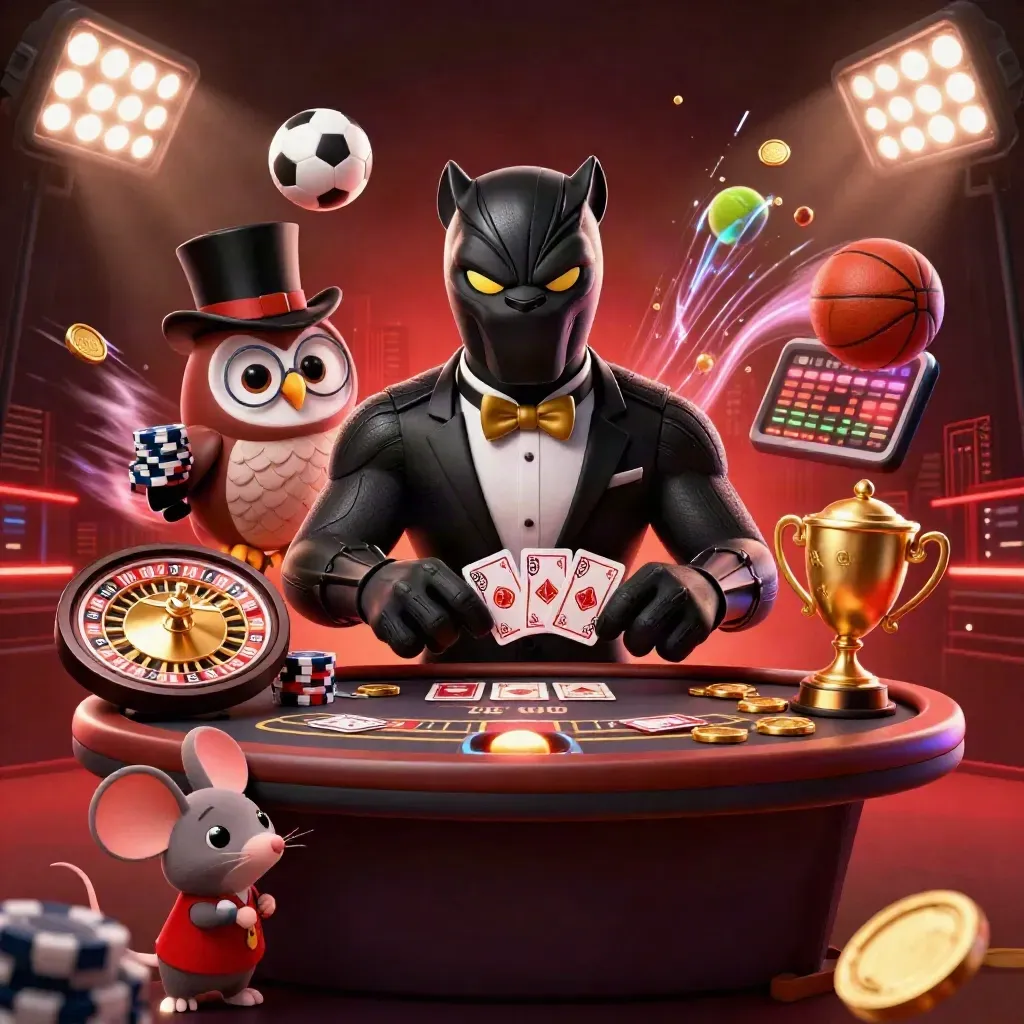 Panther dealer, owl, and mouse amid casino symbols, coins, lights, and sports balls.
