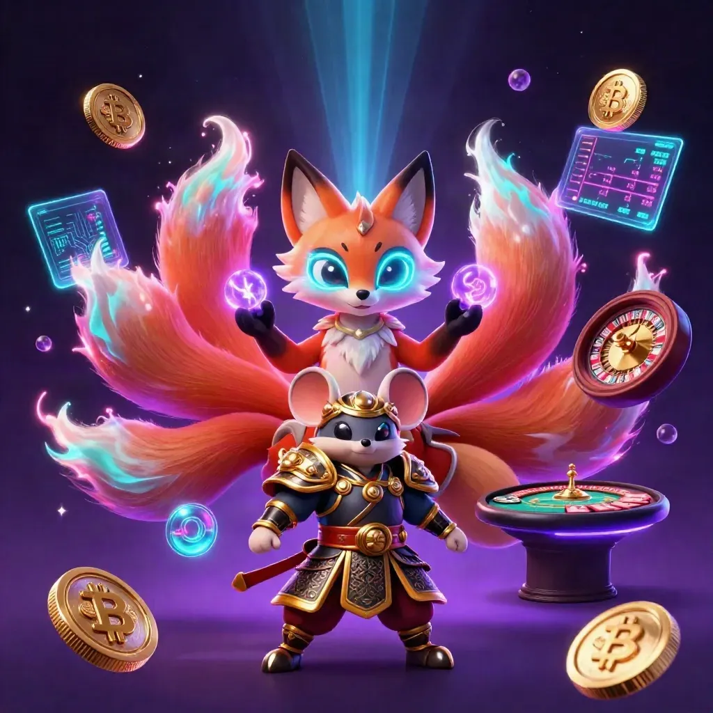 Nine-tailed fox spirit and armored mouse amid casino coins, wheel, cards, and neon energy