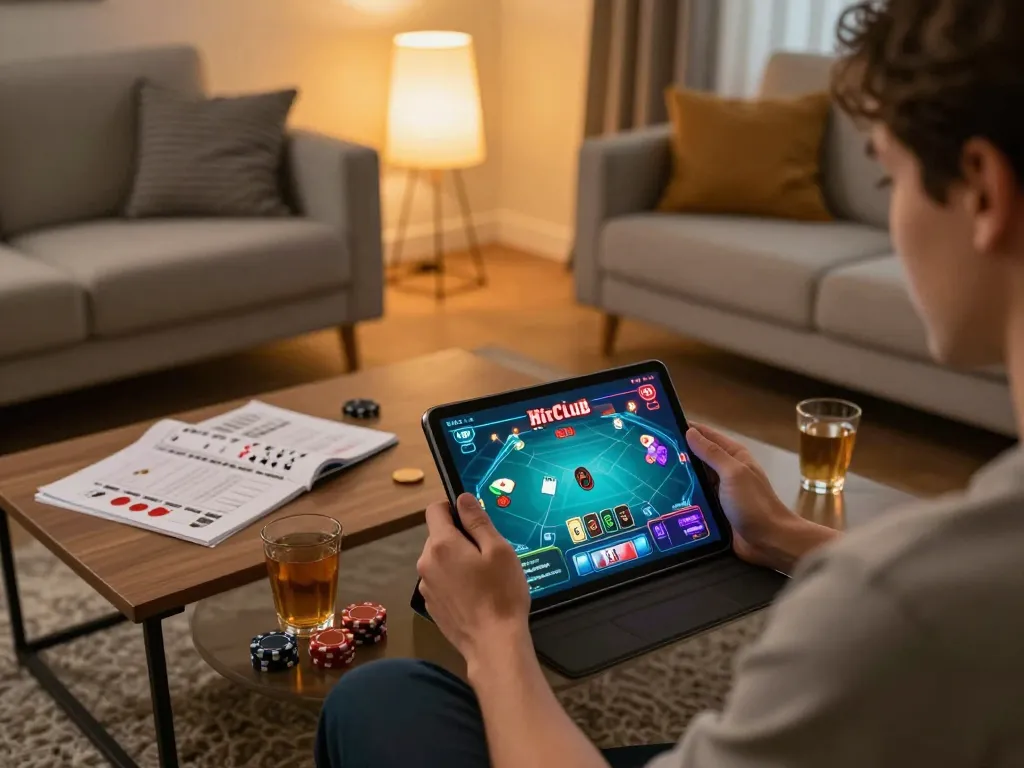 Engaged player enjoying Hitclub online casino gaming on tablet with strategy notes.