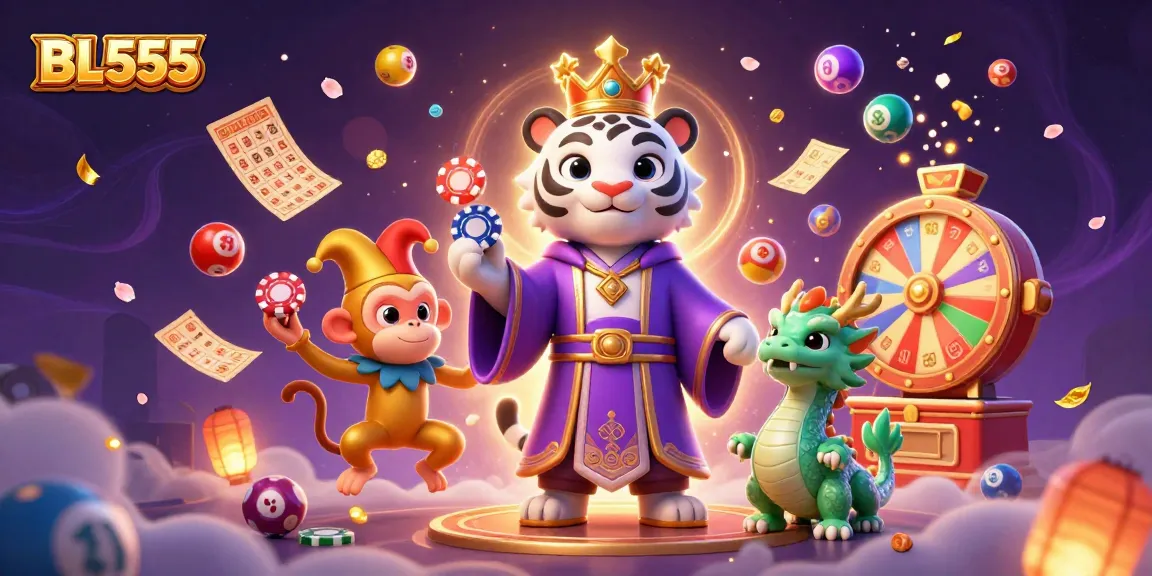Experience the excitement of BL555 with playful casino-themed characters amidst vibrant gaming elements.