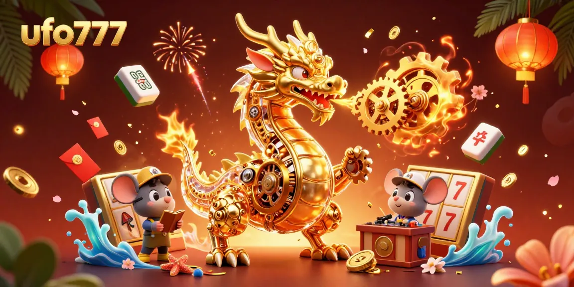 Engage with ufo777's vibrant casino scene featuring a golden dragon and gaming elements.