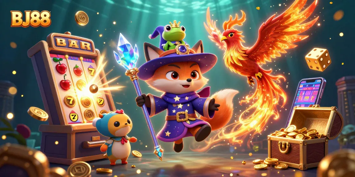 Experience thrilling gaming with BJ88, featuring a wizard fox and casino elements in a vibrant scene.