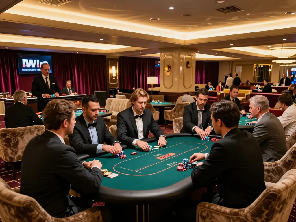 Players engaged in intense poker action at iWin casino, showcasing strategic gameplay and high-stakes betting.