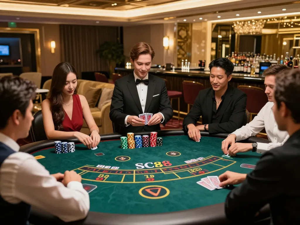 Players enjoying an exciting game of blackjack at SC88 casino, showcasing strategic betting and immersive atmosphere