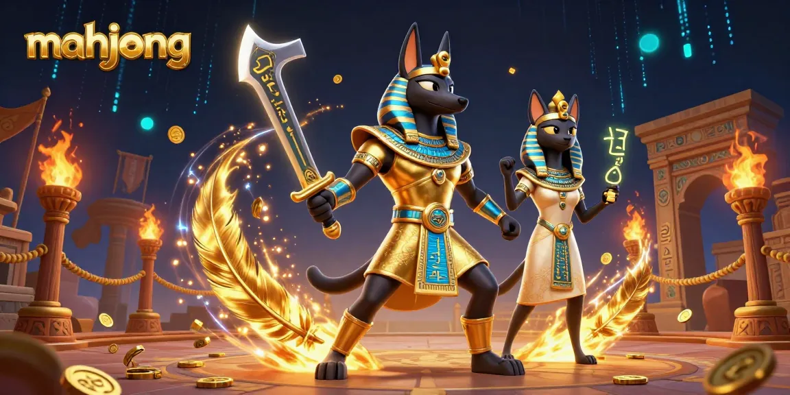 Play mahjong in a vibrant gaming scene with Anubis and Bastet, surrounded by dynamic casino elements.