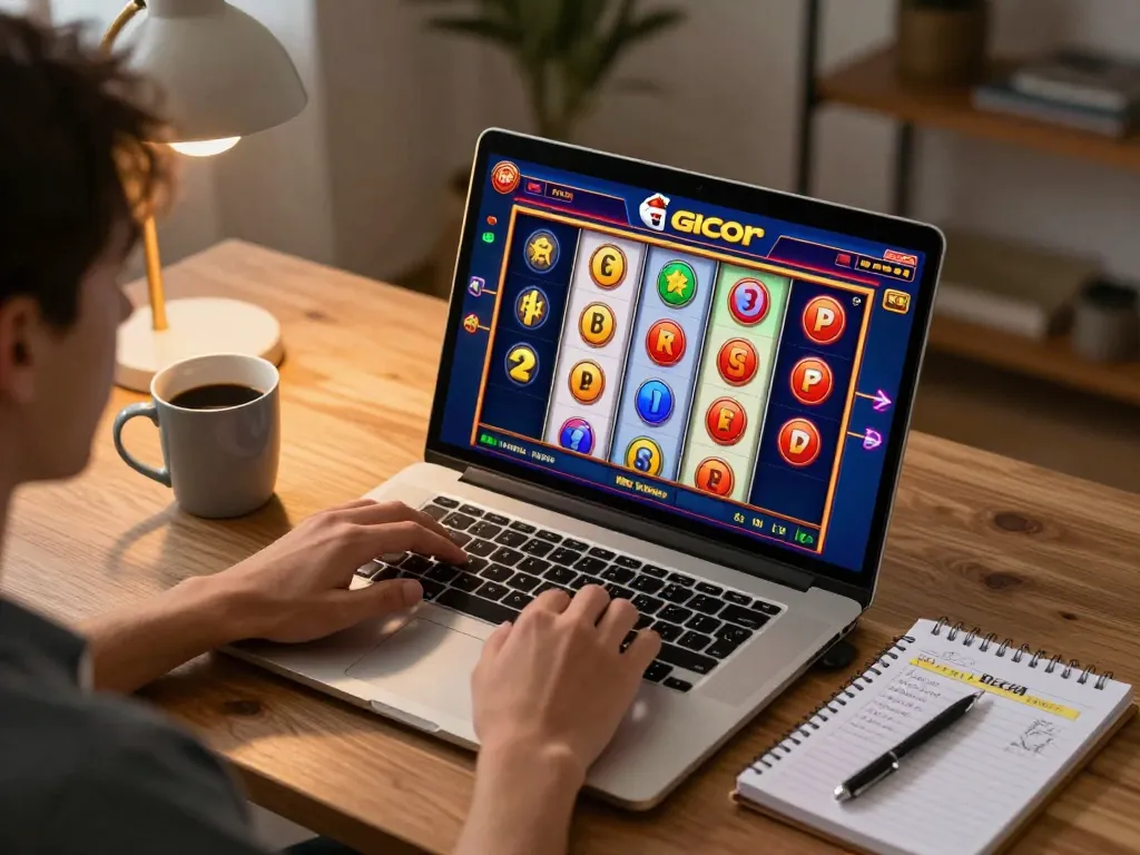Player engages with slot gacor game on laptop, showcasing vibrant interface and betting strategy.