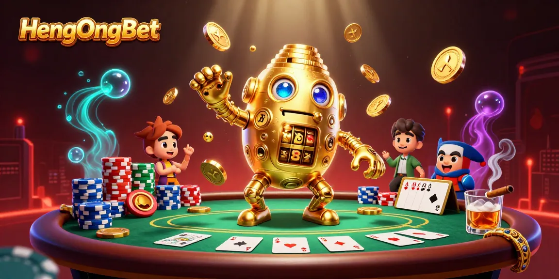 HengOngBet showcases dynamic gameplay with a golden golem and engaging poker scene featuring vibrant casino elements.
