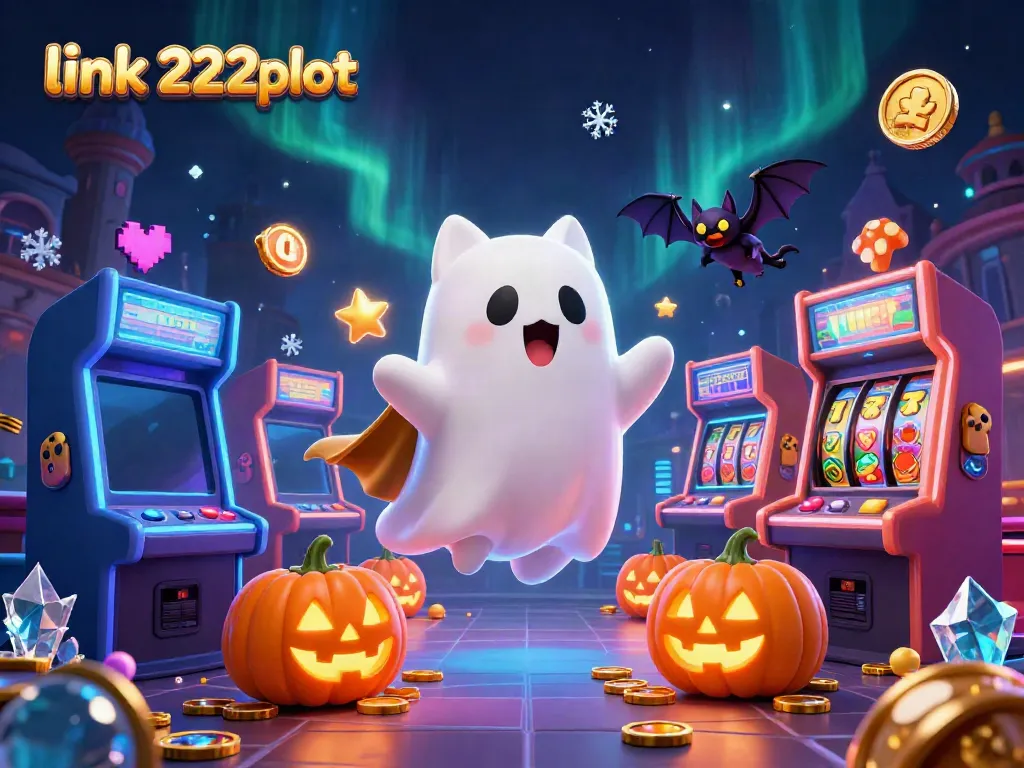 Menghadirkan link 222slot dalam bentuk ilustrasi 3D kucing hantu mengambang di kasino berhantu yang dikelilingi mesin slot.