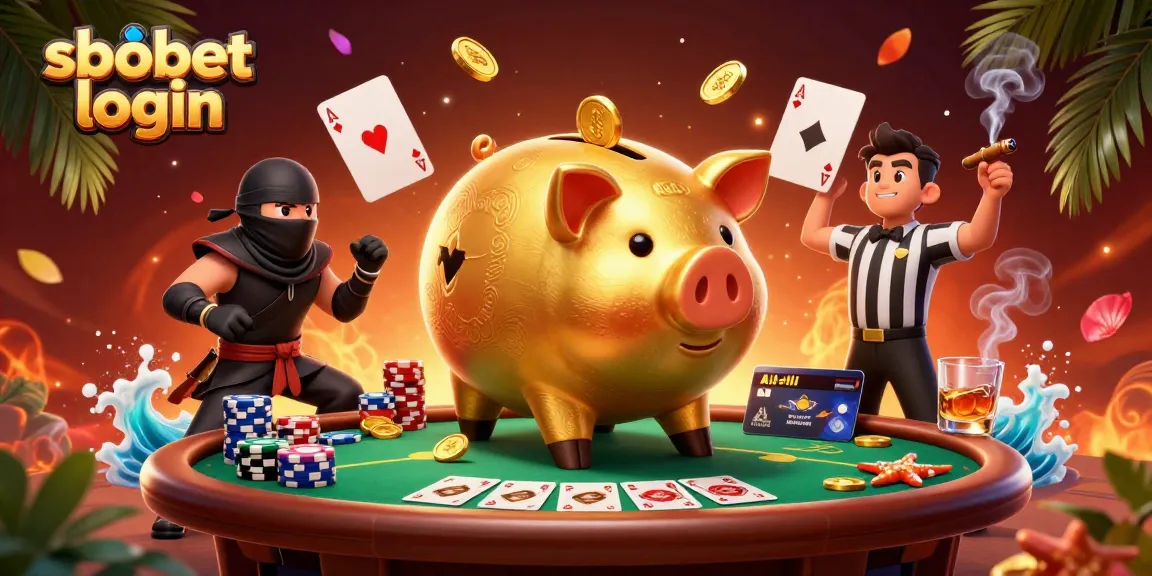 Engage in action with sbobet login featuring a golden piggy bank sumo wrestler amidst vibrant gaming elements.