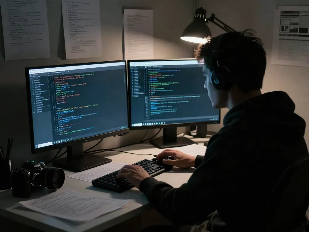 Exploring the hidden wiki on the dark web, a user engaged with coded messages in a dimly lit environment.