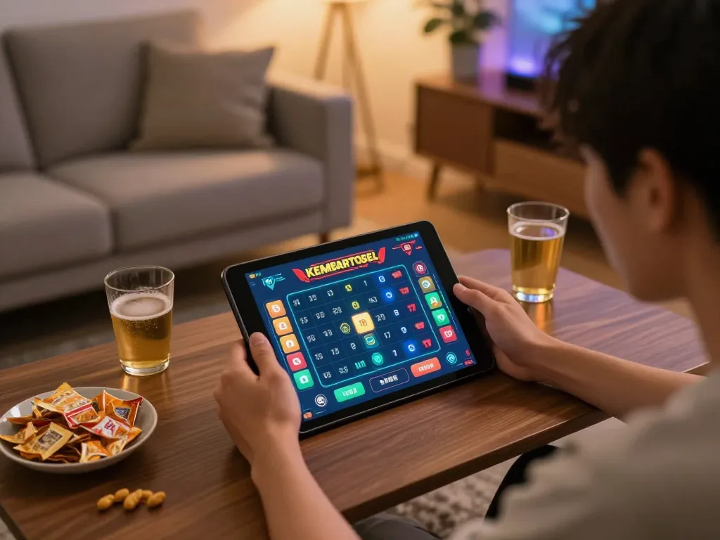 Player engaging in a kembartogel game on tablet, creating a cozy gambling atmosphere in a stylish living room.
