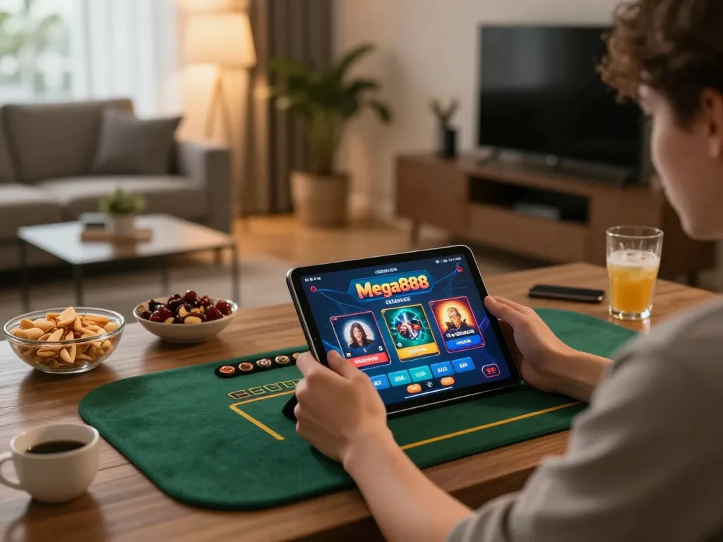 Engaged player enjoying Mega888 Original on tablet at home, highlighting strategic gameplay.