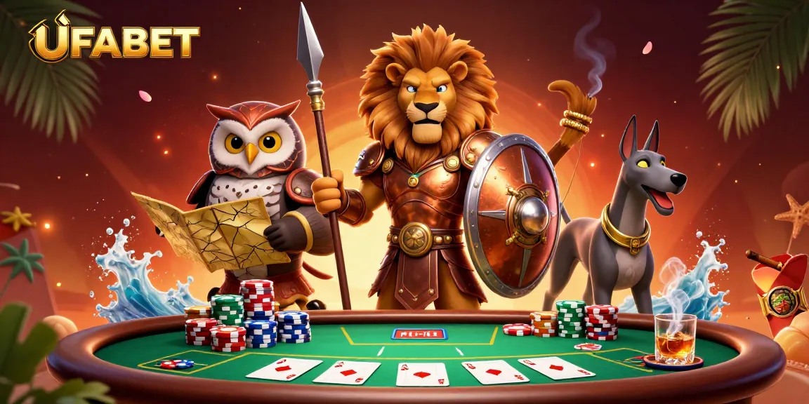 Bet on UFABET with this vibrant 3D illustration of a Spartan lion, owl strategist, and greyhound messenger