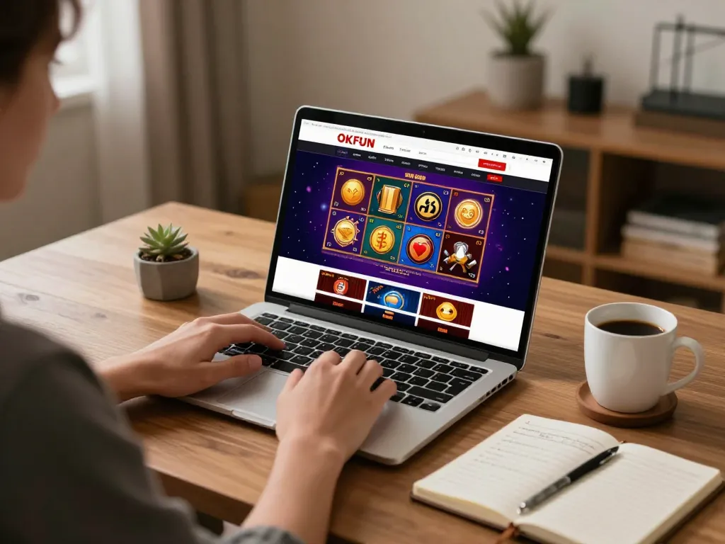 Engaging online gaming session on OKFUN with colorful slot interface at home.