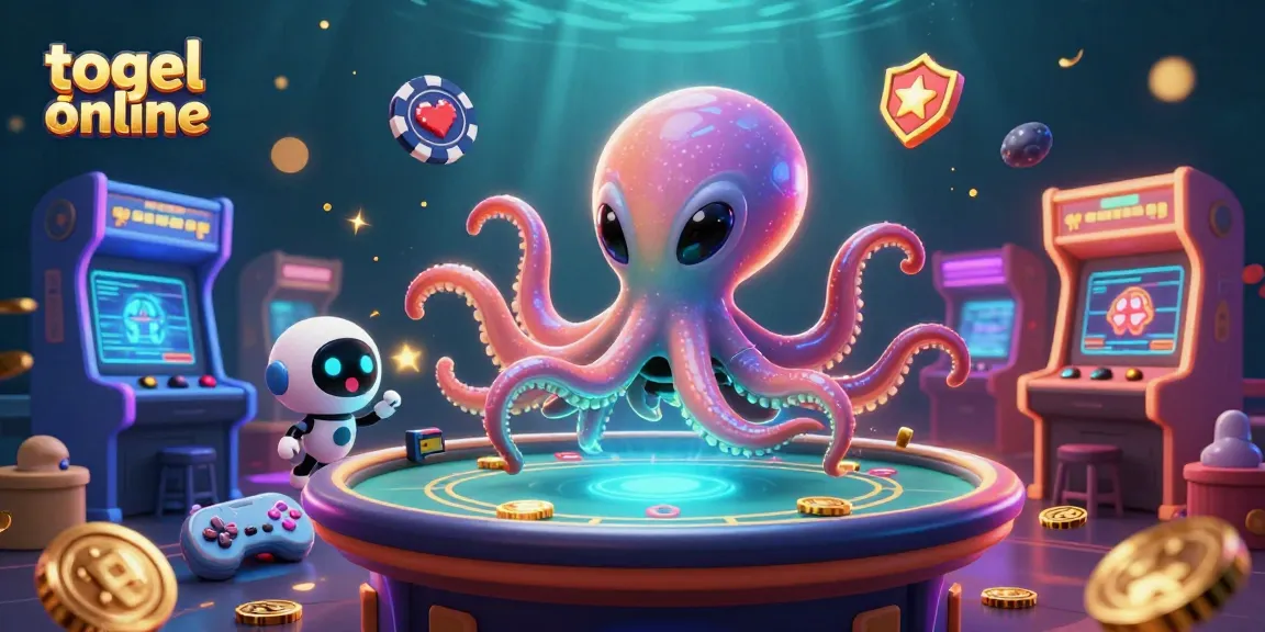 Experience togel online excitement with a vibrant 3D scene of an alien octopus and robot at a holographic poker table.