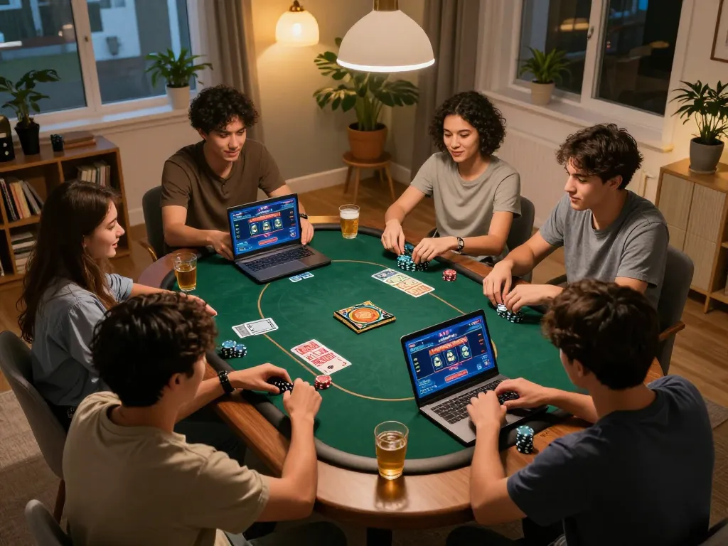 Friends enjoying an online poker game at Jilipinas casino from their home, exemplifying a lively social atmosphere.