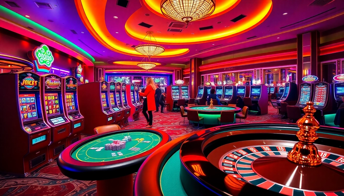 Suasana kasino online yang hidup menampilkan aman788 dengan mesin slot yang menarik dan meja poker.