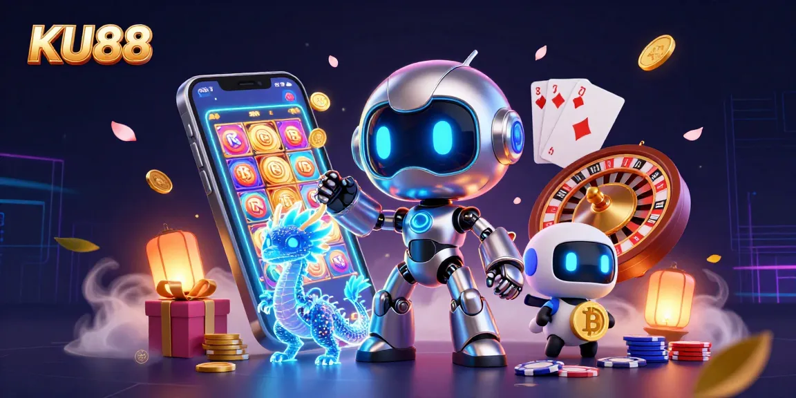 Experience KU88 with vibrant casino gaming action featuring a cyberpunk robot and holographic elements.