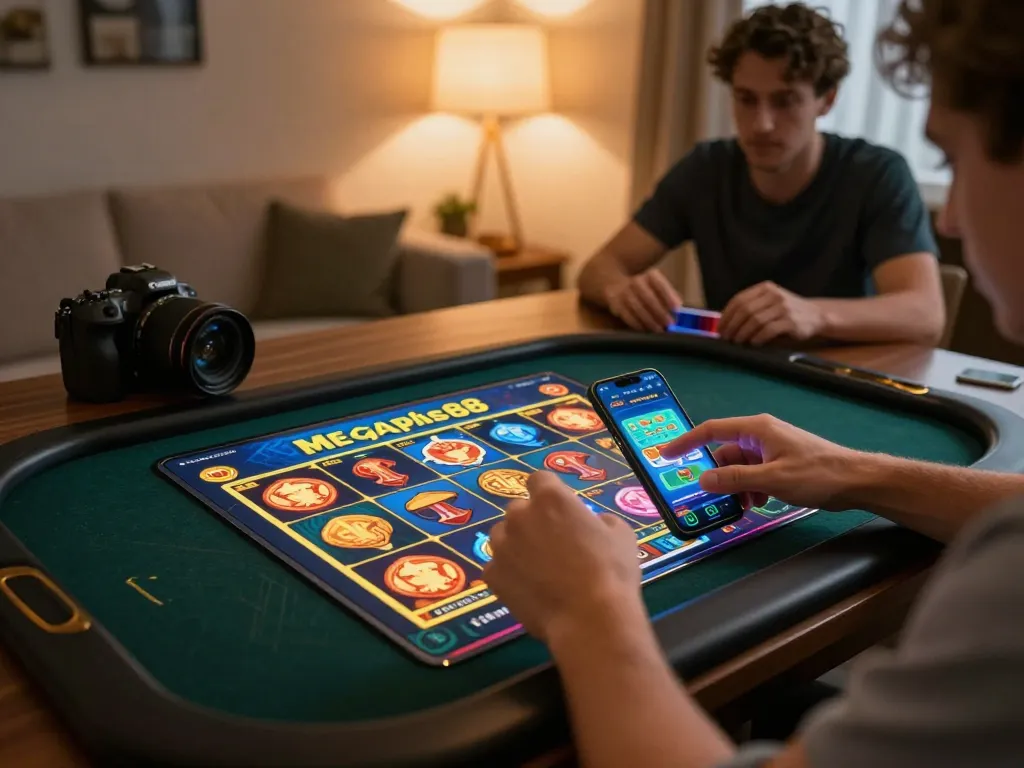 Engaging in online gaming with the megaplus88 app on a smartphone at home in a cozy atmosphere