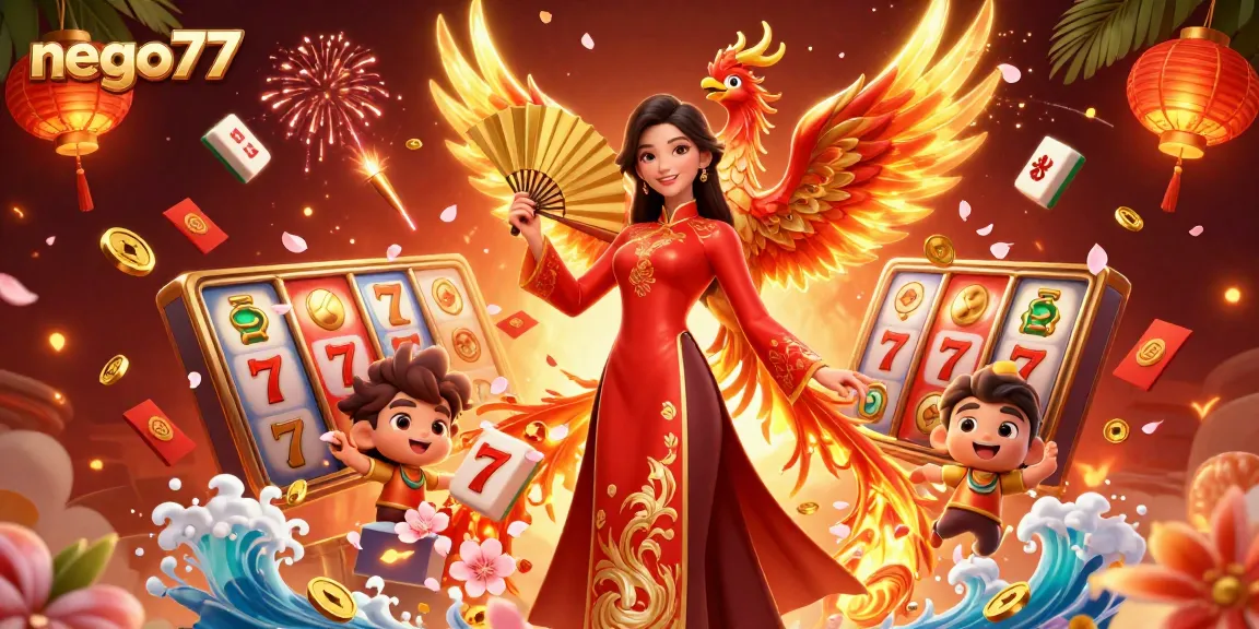 Experience the thrill of nego77 with a vibrant casino-themed digital illustration featuring a stunning woman and phoenix.