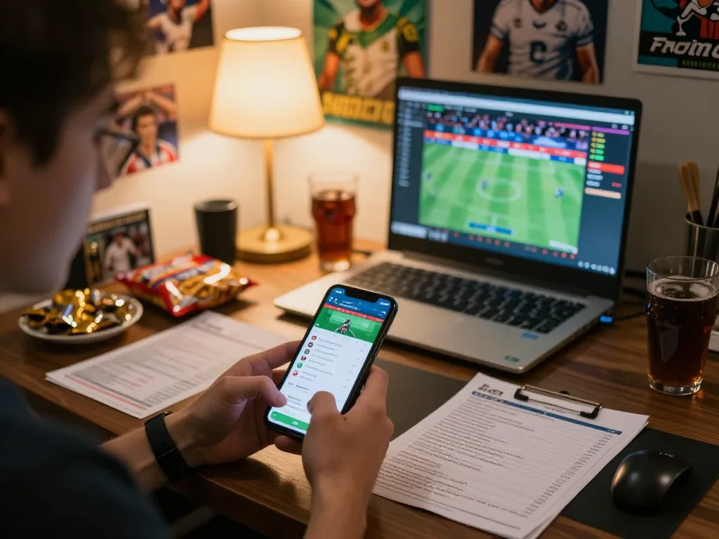 Engaging scene of a person checking kèo nhà cái with a smartphone, surrounded by sports betting slips and drinks.