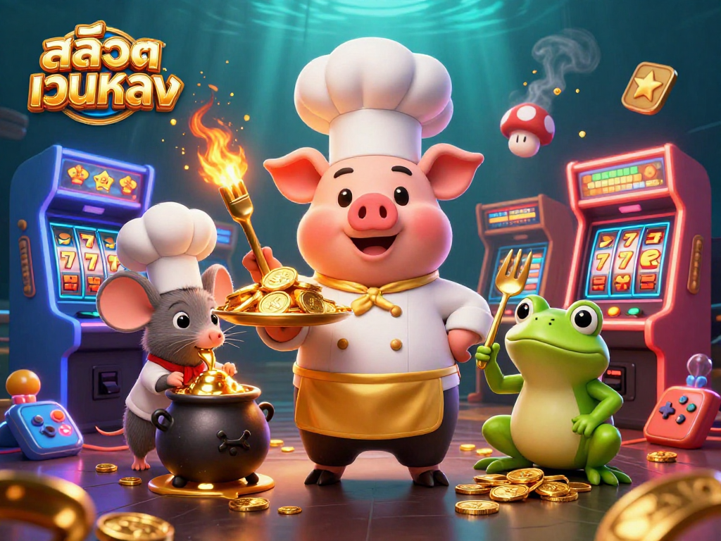 Engage with สล็อตเว็บตรง at a lively casino setting, featuring a cartoon pig chef with gold coins, creating a vibrant gaming atmosphere.